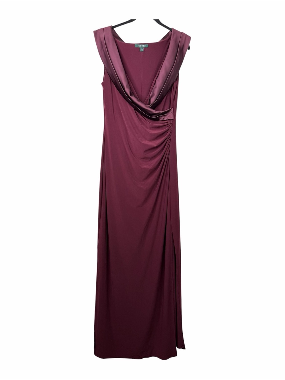 Lauren Ralph Lauren Maroon V-Neck Jersey Maxi Dress Ruched Waist Size 12